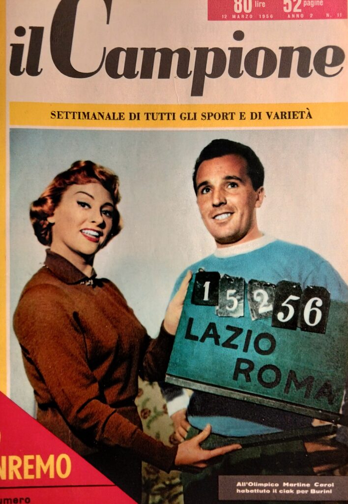 Grandi attrici e giocatori di pallone: la conturbante star francese Martine Carol e l’attaccante Renzo Burini. Dalla rivista settimanale Il Campione, 12 marzo 1956